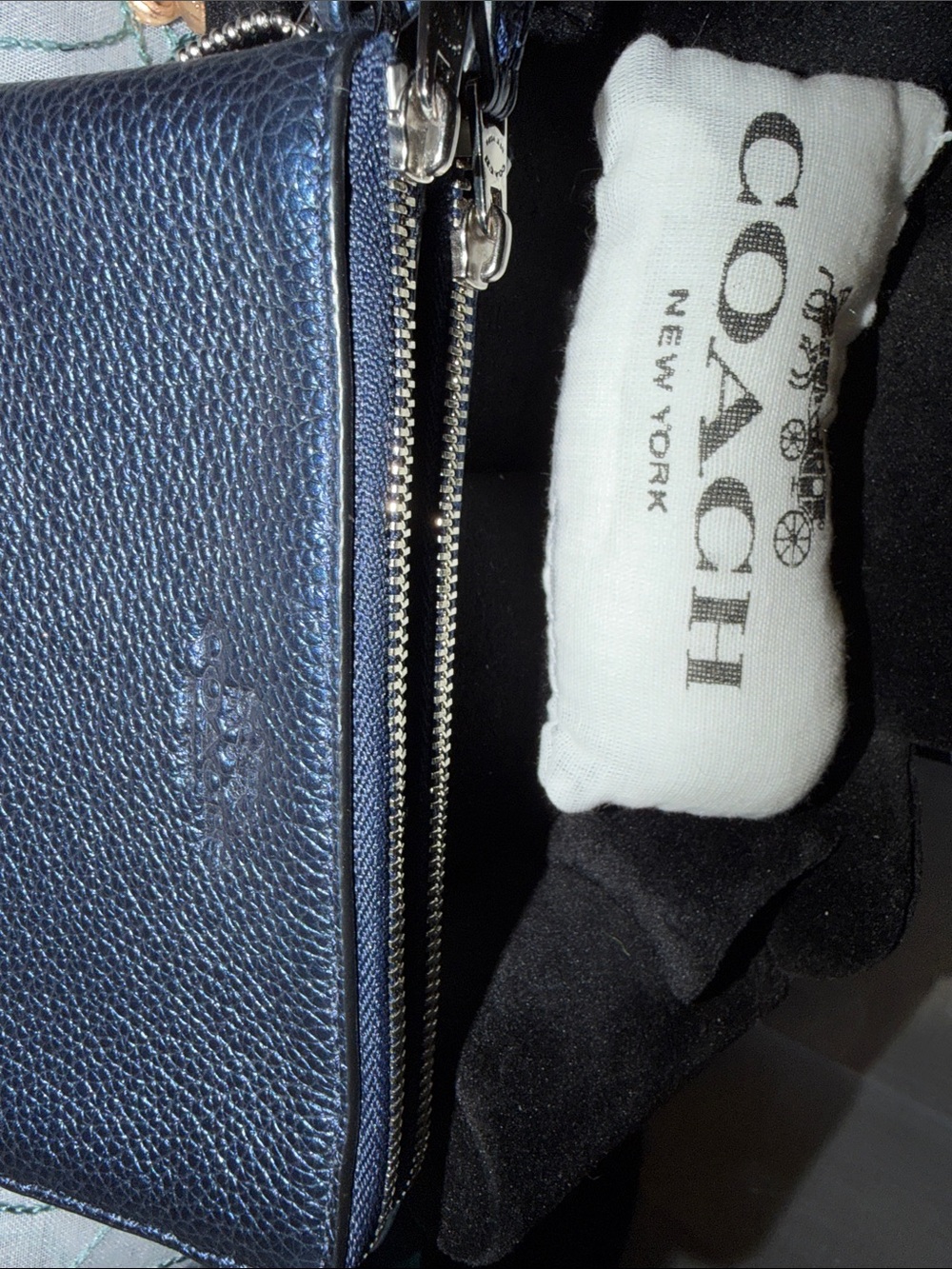 Coach Double Zip Navy Metallic Pebbled Leather Wristlet - Picture 11 of 12